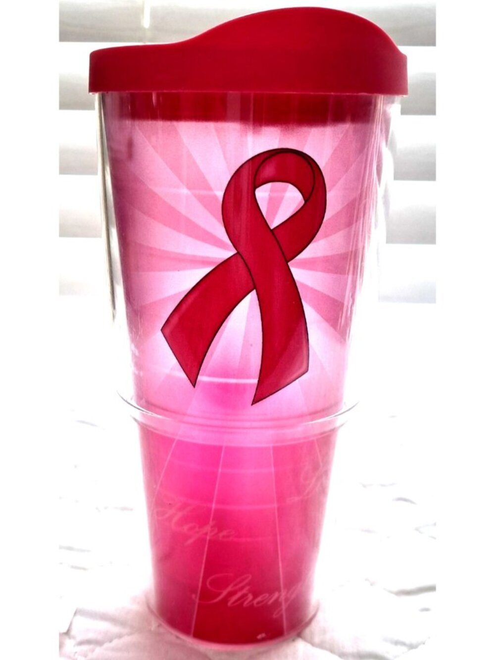 Tervis Tumbler 24oz Breast Cancer Pink w/Lid Ribbon Love Hope Strength Used